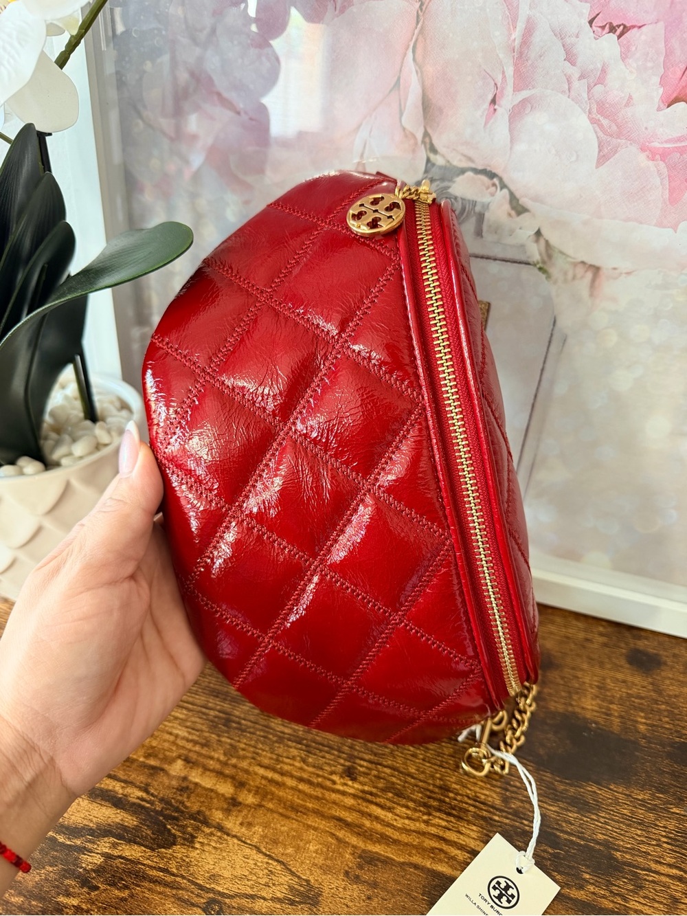 Tory Burch Quilted Red Leather Zip Crossbody Pouch with Gold Hardware